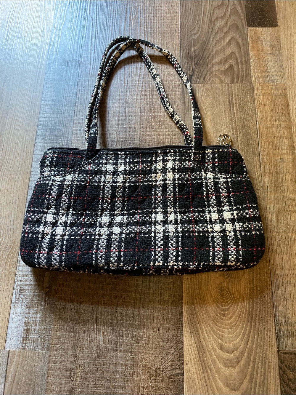 Vera Bradley Black Plaid Tweed Shoulder Bag with White & Red Accents